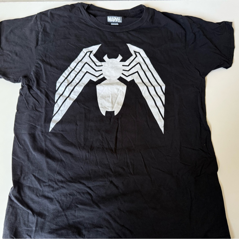 Marvel Comics Black and White Short Sleeve Tee with Spider-Man Venom Emblem